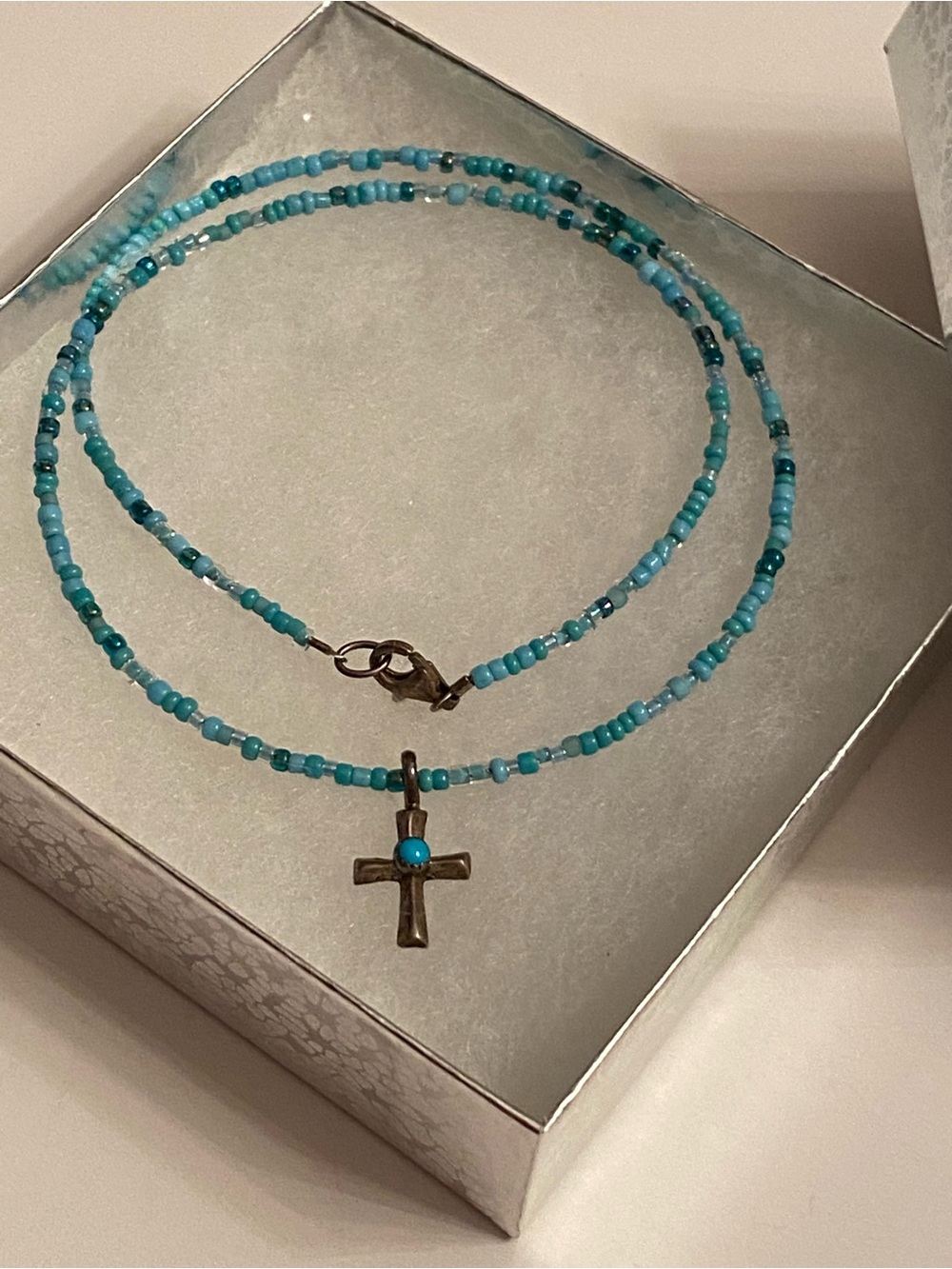 Vintage Beaded Sterling Silver Cross Charm Necklace